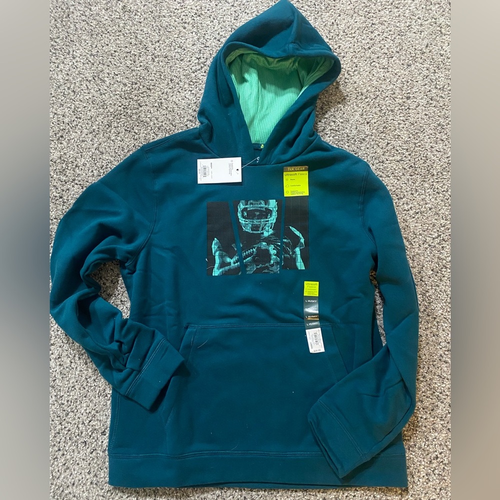 NWT Tek Gear large husky teal football graphic print pullover sweatshirt